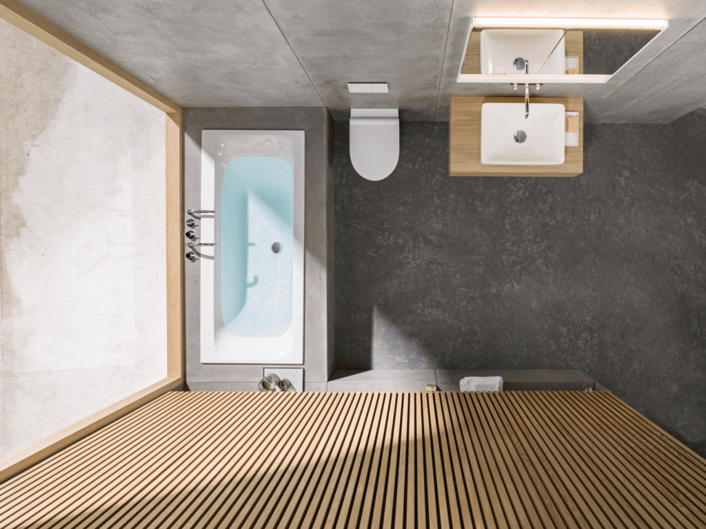 Det opbyggede badeværelse lavet på baggrund af Visualisering fra BJERG Arkitekter